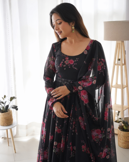 Black Floral Printed Pure Soft Organza Silk Anarkali Suit with Dupatta Set